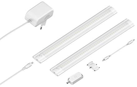 ledscom.de Luce sottopensile a LED SIRIS bianco opaco con dimmer a sfioramento, piatto, 30cm ciascuno, 370lm ciascuno, bianco, set di 2