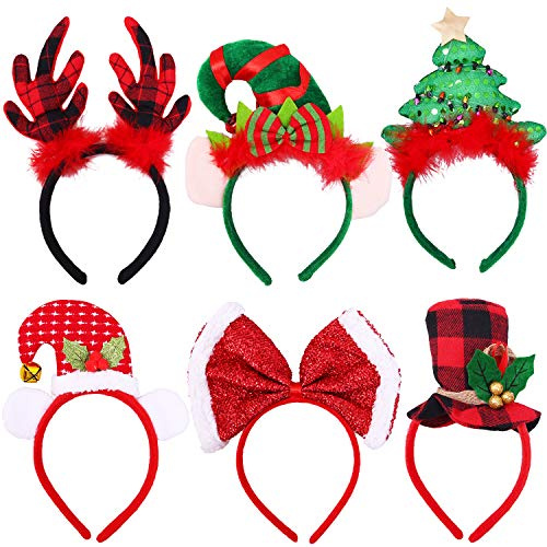 Ruisita 6 Pack Christmas Headbands Buffalo Plaid Reindeer Headbands Christmas Hats Elves Headbands for Holiday Decoration