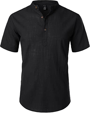 LucMatton Men's Casual Cotton Linen Short Sleeve Henley Shirt Summer Lightweight Banded Collar Beach Tops Black Medium
