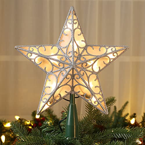 Brizled 9.5” Christmas Star Tree Topper, Glittered Silver Treetop, 3D Christmas Tree Topper with 10 Lights, UL Certified Lighted Xmas Star Topper for Xmas Holiday Home Decorations