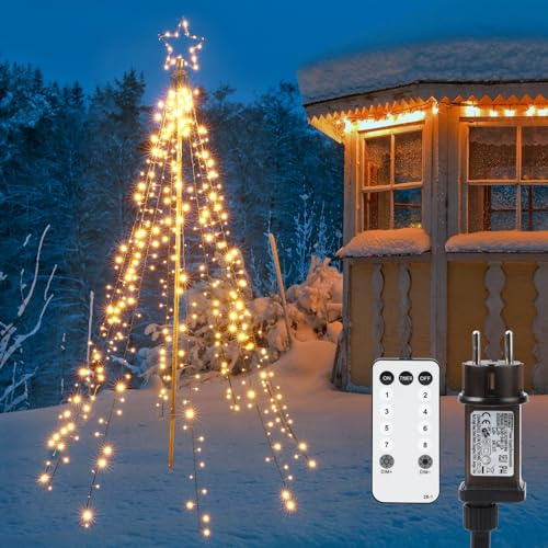 Joomer Christbaumbeleuchtung mit Ring und Sterne, 2,1M x10 Girlanden 450 LED Weihnachtsbaum Lichterkette Außen mit Fernbedienung, 8 modi Dimmbar Warmweiß Weihnachtsbeleuchtung für Rasen Garten