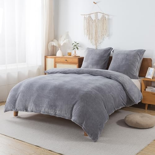 WUMIUER Biancheria da letto in peluche, 240 x 220 cm, colore grigio, set da 3 pezzi, copripiumino invernale in flanella e 2 federe da 80 x 80 cm, morbido cashmere al tatto, in pile
