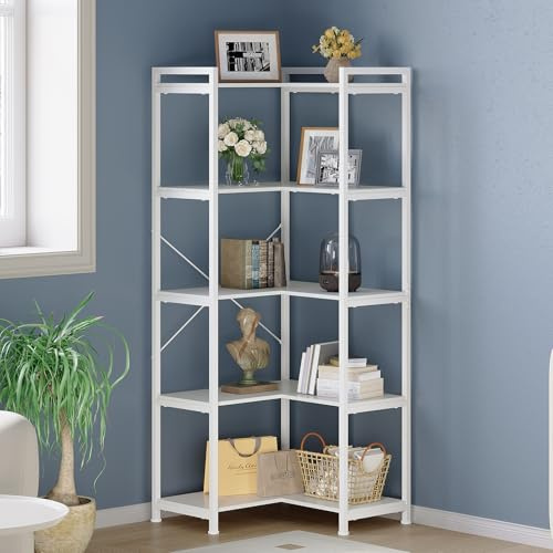 VEDECASA 5 Tiers Corner Bookcases L Shaped Corner Bookshelves White Bookshelf Storage Display Rack with Metal Frame for Living Room Home Bedroom Home Office Study Room White