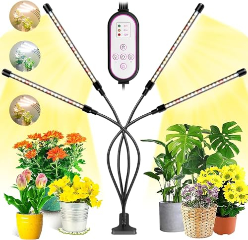 Garpsen Lampe pour plantes, 80 LEDs Lampe de culture, 4 têtes de lumière à spectre complet Led pour plantes d'intérieur avec minuterie Auto ON & Off 4/8/12H, 3 types de mode, 10 niveaux de luminosité