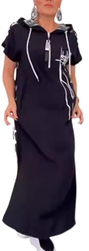SHINROAD Abito casual da donna ampio da indossare tutti i giorni Maxi estivo da donna con cerniera con cappuccio coulisse maniche corte Fit Split orlo stampato, Nero , XL