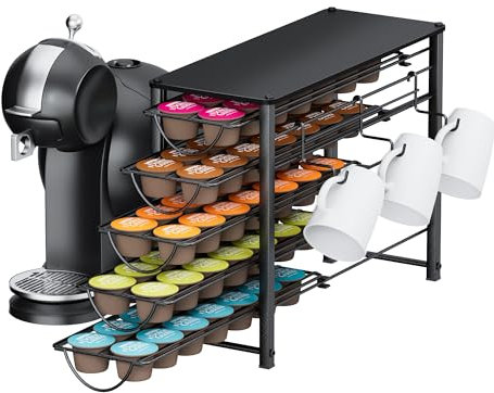 HFHOME 5 Tier Coffee Pod Storge Drawer for Dolce Gusto, 70 Capsules Capacity Pod Holder, Non-Slip Sliding Coffee Holder Organizer, Metal Coffee Pod Storge for Kitchen Small Space Counters