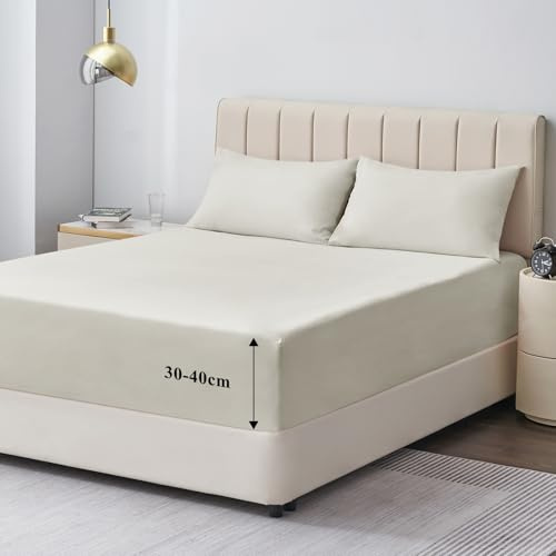 Aisbo Super King Fitted Sheet Linen - Extra Deep Pocket Bed Sheet 16 inch 40 cm - Microfiber Bottom Sheet, 183x200cm