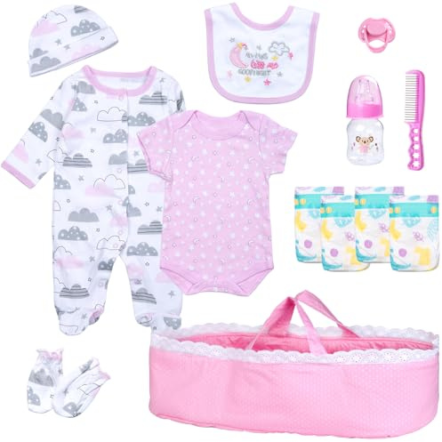 PEDOLLTREE 13 Pcs Reborn Baby Dolls Clothes Girl Accessories Outfit with Pink Dot Bassinet and Diapers Set for 17-22 Inch Reborn Dolls Newborn Baby Girl