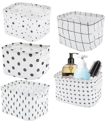 5 Pack Small Fabric Storage Baskets, Collapsible Square Bathroom Storage Baskets, Waterproof Basket Organizer with Handles, Mini Basket for Bathroom, Cupboards, Kitchen