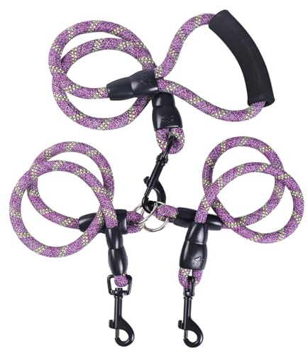 Double Dog Lead，Heavy Duty Reflective Leash with Padded Handles Dual Dog Splitter, Comfortable Walking Training for Medium large 2 Dogs(Purple)