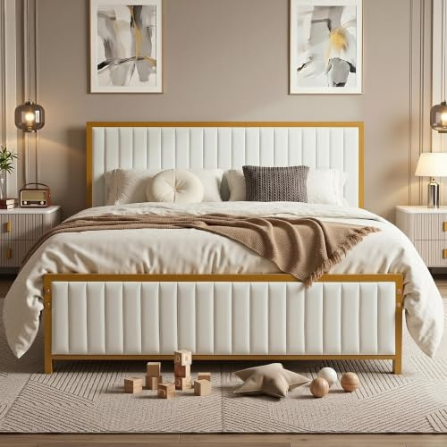 VECELO Double Bed Frame with Upholstered Linen Headboard and Footboard, Heavy-Duty Platform with Strong Metal Slats, No Box Spring Needed, Easy Assembly, Beige