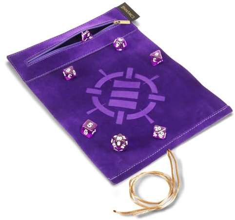 ENHANCE Tapis de Jeu de Dés Roll on a Scroll et Ensemble de 7 Dés en Acrylique – Étui à Dés en Velours, Support et Plateau Compatibles avec DND et Autres Jeux de Table – Pourpre