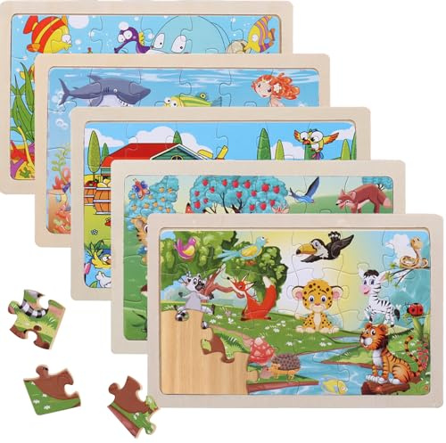 KELAV Puzzle Enfant 3 Ans 5 X 24 Pièces,Puzzle Bois Animaux à Partir,Jouet Educatif Préscolaire,Jouets éducatifs,Jouets Cadeaux pour Enfants de 3 à 8 Ans Garçons Filles