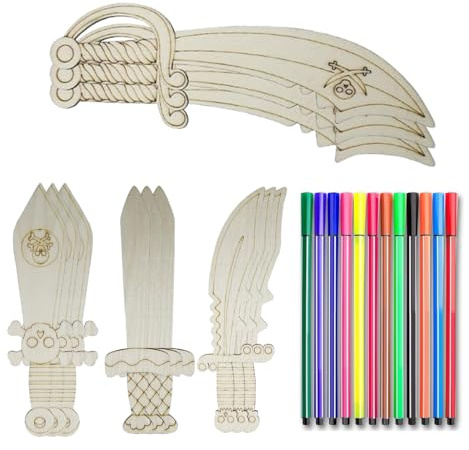 KEMUZ 12 Épées De Pirate En Bois Couleur Pour Peindre Sabre De Pirate Créatif Épée En Bois Épée De Pirate Pour Enfants Kit De Bricolage En Bois Cadeau Pour Décoration Pirate Anniversaire(12 Couleur)