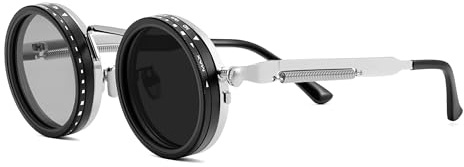 FEISEDY Adjustable Tint Sunglasses Polarized Men, 1-9 Gear Manual Dimming, Steampunk Round Metal Frame UV400 ND Filter B1400