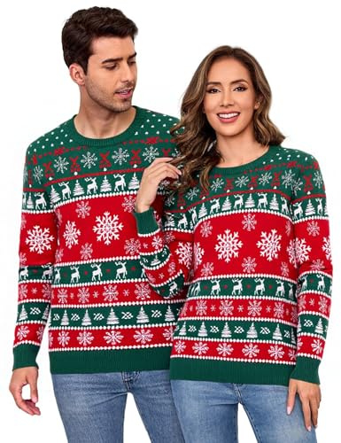 Aottori Suéter Navidad Mujer Cuello Redondo Manga Larga Renos Copo Nieve Invierno Familia Pareja Punto Pullover Jersey Festivo Cálido Mujer-Verde L