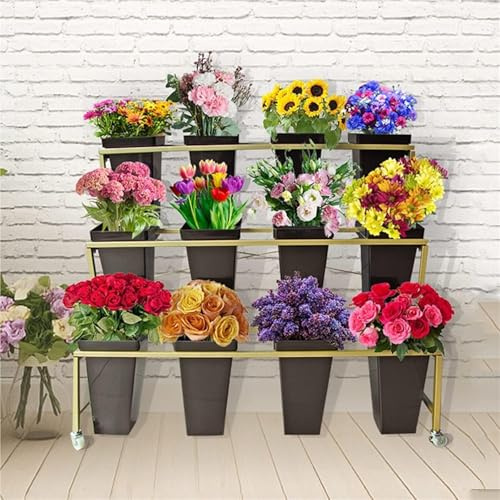 ASerZenith Présentoir À Fleurs en Fer Forgé, Étagère pour Chariot À Fleurs, Étagère De Rangement Galvanisée Dorée
