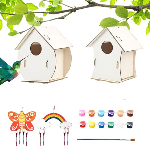Nichoir à oiseaux en plein air, kits de nichoir pour,Kit de nichoir en bois avec peintures et pinceaux, 2 ensembles, artisanat d'art pour | Jouet éducatif d'extérieur résistant aux intempéries pour l