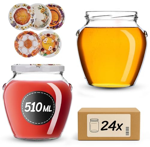 KADAX Set med 24 konserveringsburkar 510 ml TO82, fallburkar masonburk med skruvlock, lufttäta twist-off glas, meal prep, övernattningsoats, surdeg (blommig honung)