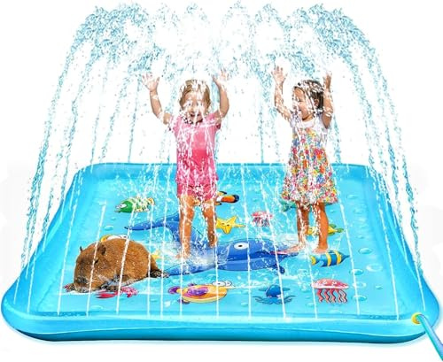 KAHEIGN 170CM Square Splash Water Play Mat, Whale Seahorse Crab Starfish Fish Pattern Large Sprinkler Pad Summer Garden Outdoor Spray Water Toys for Kids Pets Family Activities