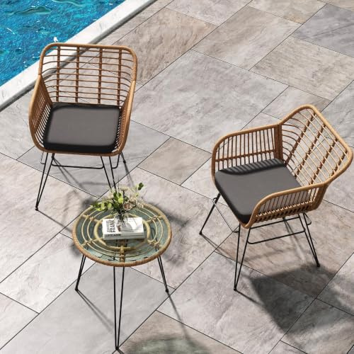 Aptliton 3-Piece Outdoor Rattan Bistro Set, Yellow Rattan + Black Cushion