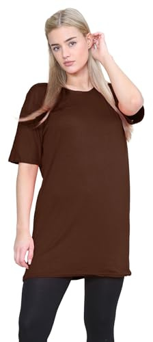 janisramone® Womens Short Sleeve Tunic T Shirts, Round Neck Oversized T Shirts for Women UK, Soft Comfortable Pj Dress, Perfect Summer Longline Ladies Tops Brown