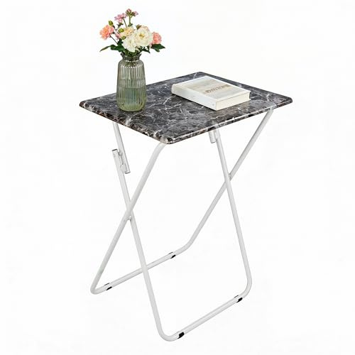 HERSIG Mesa Auxiliar Plegable Multifuncional para Interior con Estructura Resistente de Acero y Montaje Instantáneo. Color Marmol Marrón, Diseño Portátil para Ahorro de Espacio 48x38x66 CM