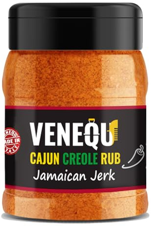 VENEQU BBQ CAJUN CREOLE DRY RUB - JAMAICAN JERK 140gr | BBQ Rub molto aromatico mediamente piccante adatto a carne di manzo, maiale, pollo, pesce, crostacei e verdure.
