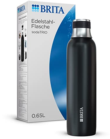 BRITA Edelstahlflasche schwarz für sodaTRIO Wassersprudler (0,65l) – isolierte & doppelwandige Premium Edelstahl Flasche mit stylischem Silikonring am Verschluss für rutschfestes Handling