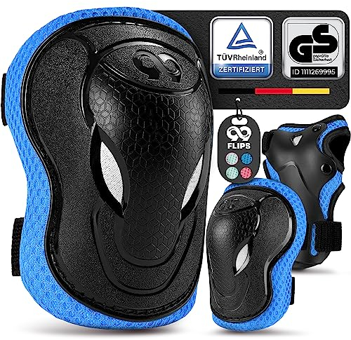 99FLIPS Knieschoner Kinder mit GS [6er Set] - GRIND - XS Blau - Schoner Inliner Kinder - Knieschützer Protektoren mit Knie- und Ellenbogenschützer - Schützer Protektoren Inliner