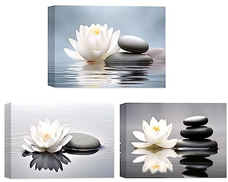 CCWACPP Zen Canvas Wall Art 3 Piece White Lotus and Black Zen Stones Picture Prints for Yoga Spa Meditation Spiritual Room Bathroom Decor Frame (30x40cmx3P)
