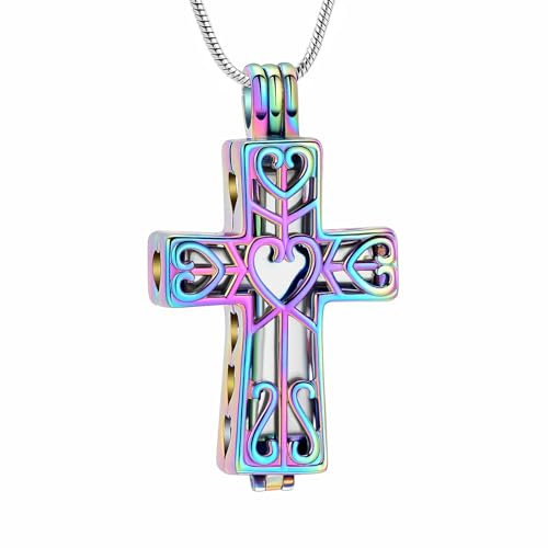 QGJNSGC Collier avec pendentif urne funéraire en forme de cœur et croix cylindrique avec bijoux creux pour cendres, Acier inoxydable