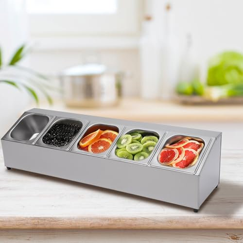 KEESUNG Récipient GN en acier inoxydable avec 5 récipients GN & 5 couvercles - Récipient gastronormique pour restaurants, magasins de hot-pot, magasins de thé au lait, magasins de fruits