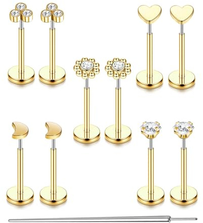 Uni-J 10pcs 18G Threadless Push-in Tragus Conch Cartilage Flat Back Helix Labret Monroe Lip Ring Daith Piercing Jewelry(18G Gold 8mm)