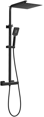 Duschsystem mit Thermostat Schwarz Duscharmatur Komplettset, Bevankly Thermostat Duschset mit 30X30CM Regendusche Duschkopf und Handbrause, Schwarz Regendusche mit Armatur, 80-125CM