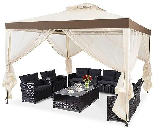 COSTWAY Paviljong 3 x 3 m, trädgårdspaviljong med myggnät och dubbeltak, vattentät, stabil, vintersäker, trädgårdstält UV-skydd 50+, festtält för terrass, trädgård, bakgård (beige)