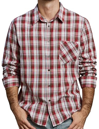 JOGAL Camisa a cuadros de manga larga para hombre, corte regular, camisa tradicional con botones de algodón, camisa casual con bolsillo, rojo, S