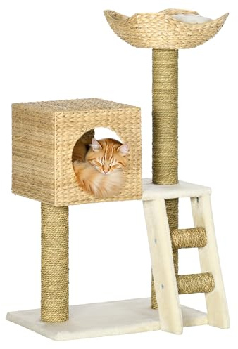 PawHut Kratzbaum 100,5 cm Katzenbaum mit Katzenhöhle, Bett, Treppe, Katzenkratzbaum mit Sisal-Kratzsäulen, Kissen, für Katzen bis 4,5 kg, Natur