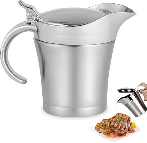 PRITOK Edelstahl Thermo Sauciere 450ml: Soßenspender Doppelwandig mit Klappdeckel und Henkel, Soßenkanne Milchkännchen Isolierter Soßenkrug zum Servieren von Soße, Vanillesoße, Sahne, Soße