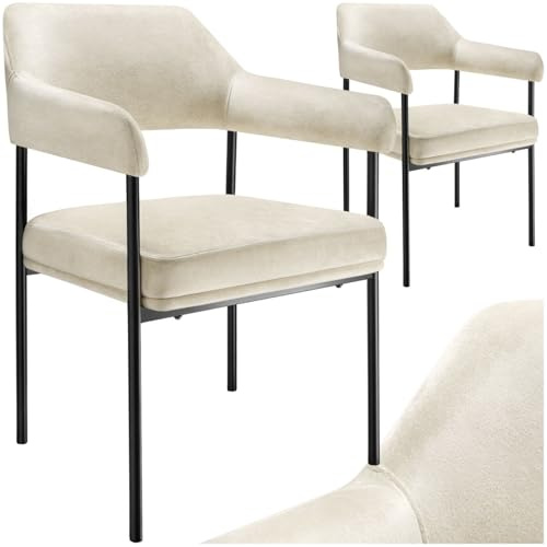TecTake® Silla de Comedor Acolchada, Tapizada en Tela, con Respaldo Continuo y Reposabrazos, Patas de Acero Estables, Silla para Cocina, Salón, Dormitorio - 2 sillas Aspecto Terciopelo Blanco Roto