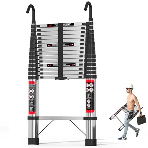 4.4M Thickened Telescopic Ladder Extendable Ladder 14.5ft Stainless Steel Telescopicing Ladder with Detachable Roof Hooks, Stronger than Others