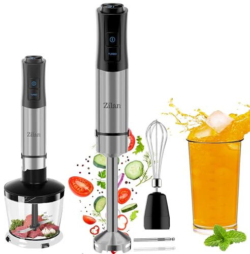 Batidora de inmersión 5 en 1 1200 W, batidora de inmersión, picadora, batidor, espumador de leche, potente vaso dosificador, picadora de 12 velocidades Turbo para mezclar los ingredientes más duros