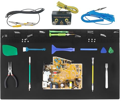 60cm x 35cm Tapis de soudure avec bracelet Grand Tapis de réparation en silicone Résistant aux hautes températures pour téléphone tablette ordinateur électronique réparation (Noir)