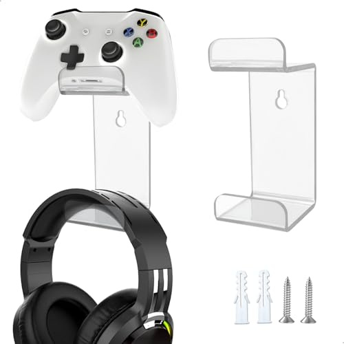fuxunamz Supporto Cuffie, Stand Cuffie Appeso a Parete, 2 Pezzi Porta Cuffie Gaming, Acrilico Supporto Controller Contiene 4 Cuffie, Adatto a Tutte le Cuffie, Trasparente