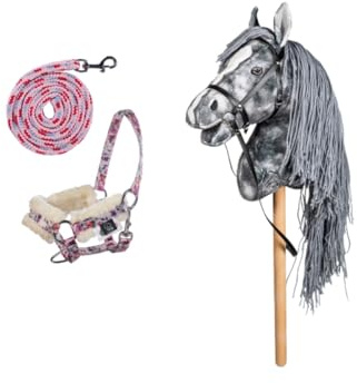 HKM HC Hobby Horse Clara gris – Caballo para niños con cabestro + juego de flores y cabestro y juguete de punto para niños y niñas