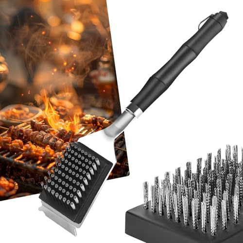 Zikenis Brosse de Barbecue en Acier Inoxydable avec Grattoir, 3 en 1 Brosse de Nettoyage pour Barbecue avec 2 Têtes de Brosse de Rechange, Poignée D'isolation Thermique pour Tous Types de Barbecues