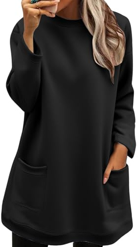 Nidddiv Sudadera mujer larga Elegante para leggings Cálida Sudadera invierno Jersey Casual Vestido de ocio suelto Monocromo Vestido de sudor con bolsillos Adolescente niña Ropa urbana, Negro , S