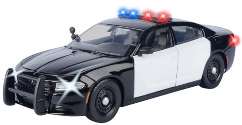 Motormax 2023 Charger Pursuit Police Car Black and White with Flashing Light Bar, Front and Rear Lights and 2 Sounds Builder's Kit 1/24 Diecast Model Car 79622BB-BKW