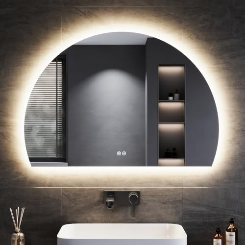 SONNI Specchio da bagno con illuminazione semicircolare, 100 x 70 cm, specchio LED con interruttore touch e dimmerabile, anti-appannamento, 3 colori di luce regolabili, specchio da bagno con