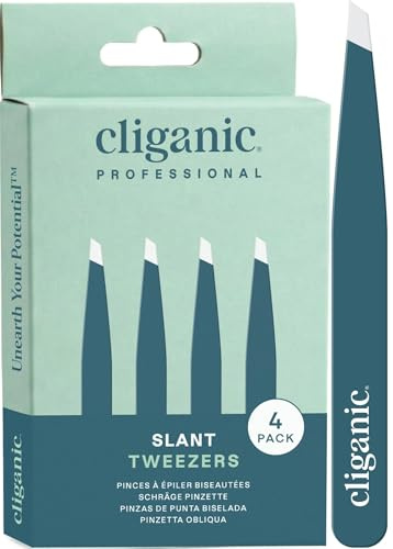 Cliganic Professional Eyebrow Tweezers Slant Tip - Precision for Men & Women, Stainless Steel Best for Plucking Chin Facial Hair (Blue, 4 Pack)